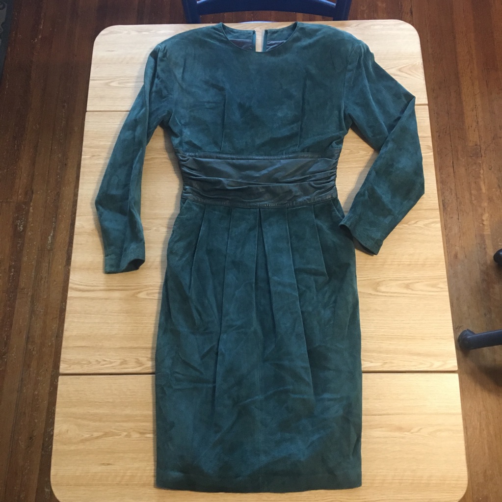 Leather Vintage Suede Sleeved Green Sheath Dress